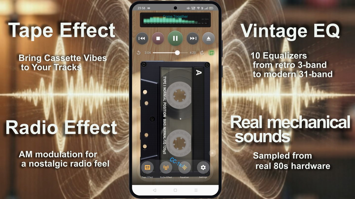 Sunlit Cassette の再生画面。テープエフェクト、ラジオエフェクト、ビンテージEQ、操作音の紹介